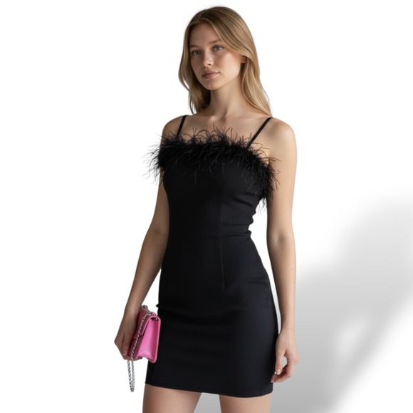 Almost Famous Dresses & Skirts - New Almost Famous Womens Feather Trim Mini Dress Size S Black Party Y2K Glam